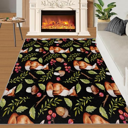 Fuchs Teppich Waldblätter Schwarz Schlafzimmerteppiche Modernes Schwarz 80x150 Rug Fuchs Vorleger Maschinenwaschbarer Rutschfester Teppich Für Stark Frequentierte Bereiche von BEQUTIY