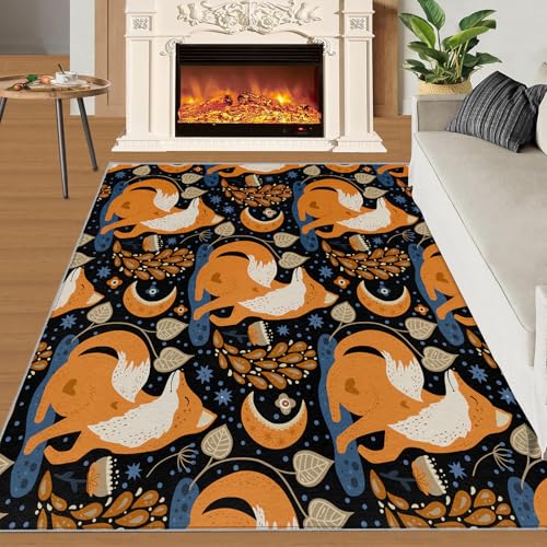 Fuchs Teppich Waldtiere Kleine Teppiche Moderne Abstrakte Schwarz 60x90 Rug Fuchs Vorleger Maschinenwaschbarer Rutschfester Teppich Für Stark Frequentierte Bereiche von BEQUTIY