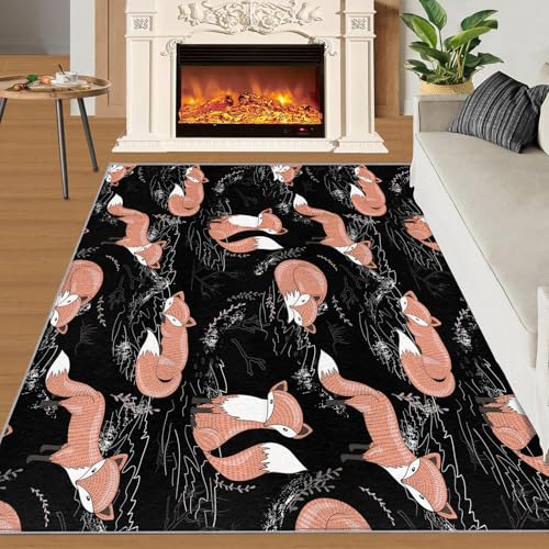 Fuchs Teppich Zweige Pflanzen Blätter Kinderteppiche Minimalismus Schwarz 70x120 Rug Fuchs Vorleger Maschinenwaschbarer Rutschfester Teppich Für Stark Frequentierte Bereiche von BEQUTIY