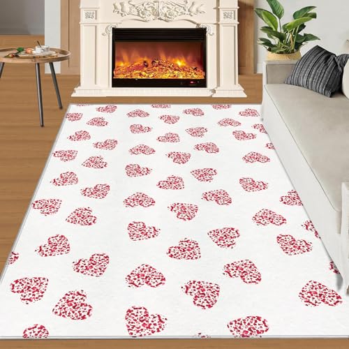 Herz Teppich Rosa-Rot Schlafzimmerteppiche Modernes Geometrisches Mädchenzimmer 80x150 Rug Minimalistisches Weiß Vorleger Maschinenwaschbarer Rutschfester Teppich Für Stark Frequentierte Bereiche von BEQUTIY