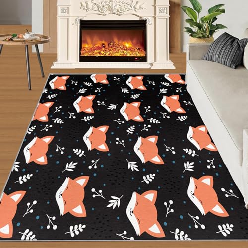 Niedlicher Fuchs Teppich Geometrische Graue Blätter Kinderteppiche Niedliche Tiere 70x120 Rug Fuchs Vorleger Maschinenwaschbarer Rutschfester Teppich Für Stark Frequentierte Bereiche von BEQUTIY