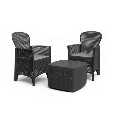 BERARDI | Gartenmöbel-Set in Rattan-Optik, 2 Sessel 85,5 x 59 x 57 cm und Couchtisch 40 x 53 x 53 cm, Anthrazit mit beigefarbenen Kissen von BERARDI