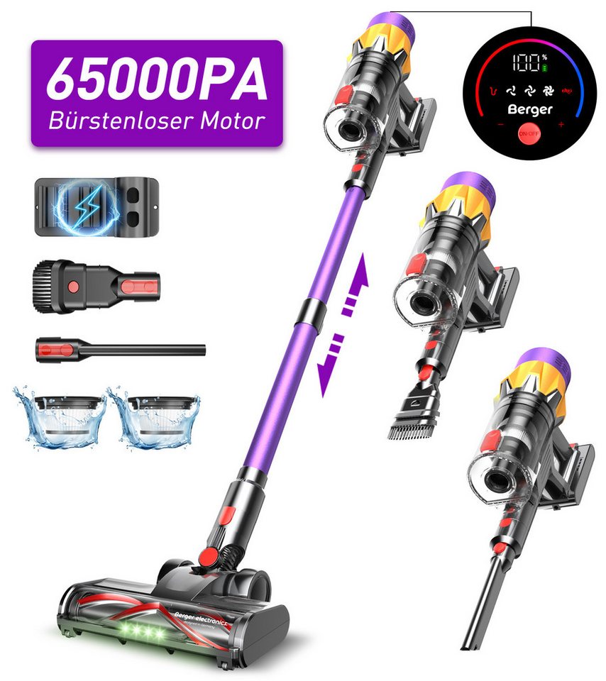 BERGER ELECTRONICS Akku-Hand-und Stielstaubsauger Akku Staubsauger, Staubsauger Kabellos, 65000 Pa/600W, 70min Laufzeit, MIBODE Akku Staubsauger, Kabelloser Staubsauger mit hoher Saugkraft von BERGER ELECTRONICS