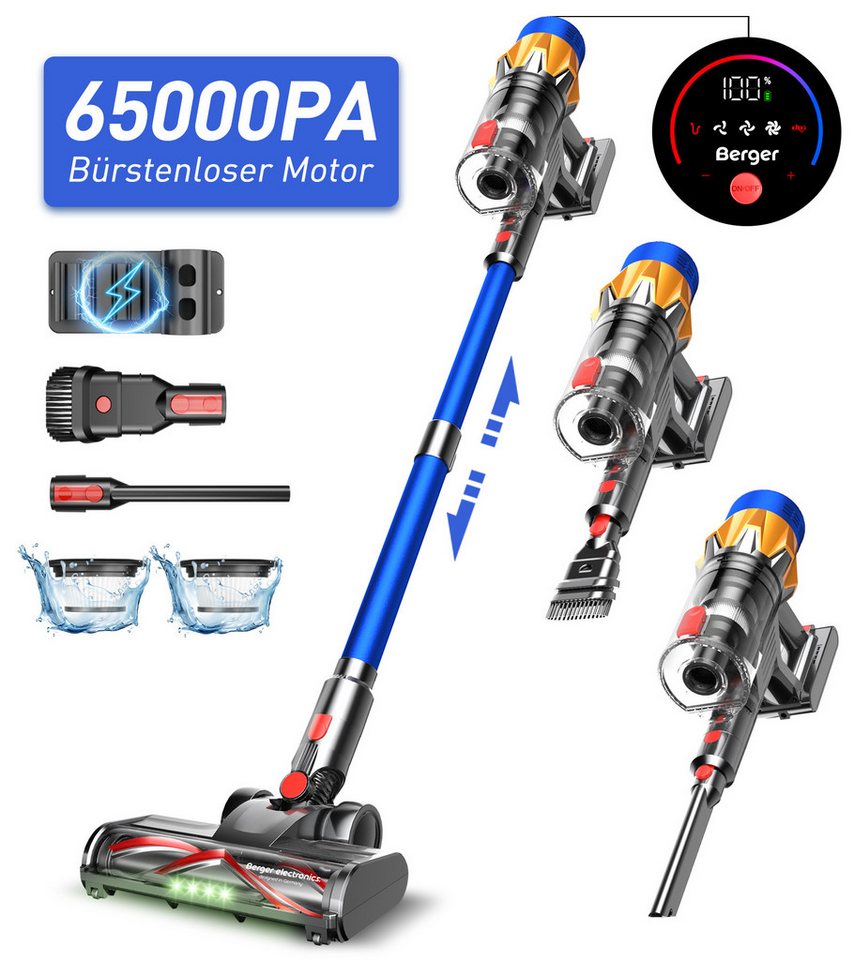 BERGER ELECTRONICS Akku-Hand-und Stielstaubsauger Akku Staubsauger, Staubsauger Kabellos, 65000 Pa/600W, 70min Laufzeit, MIBODE Akku Staubsauger, Kabelloser Staubsauger mit hoher Saugkraft von BERGER ELECTRONICS
