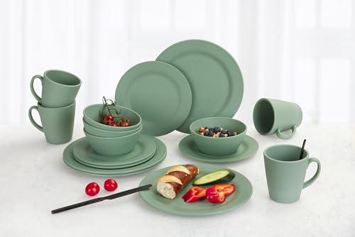 BERGER Kynne Geschirrset aus Kunststoff 16-tlg | Leicht und Unzerbrechlich Camping Geschirr Set, Teller, Schüsseln, Tassen, Tafel-Service für 4 Personen – Wiederverwendbar (Grün) von BERGER