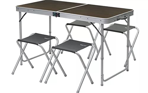 BERGER Solo Campingtisch Set mit 4 Hocker - 120 x 60 cm - höhenverstellbar - klappbar - Holzdekor - aus Aluminium und MDF - Klappmöbel Set Campingtisch klappbar Klapptisch Gartentisch Balkontisch von BERGER