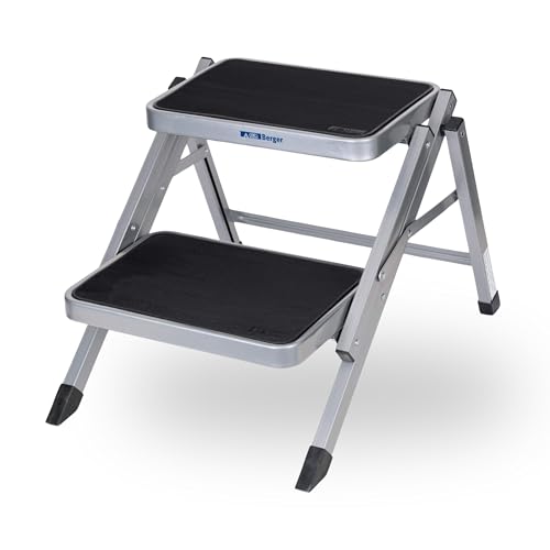 BERGER Trittleiter 2 Stufen klappbar | zusammenklappbar mit Rutschfester Gummimatte | Trittstufe Wohnwagen Tritt 2 Stufen | klappbarer Tritthocker - bis 150 kg belastbar (Legierter Stahl) von BERGER