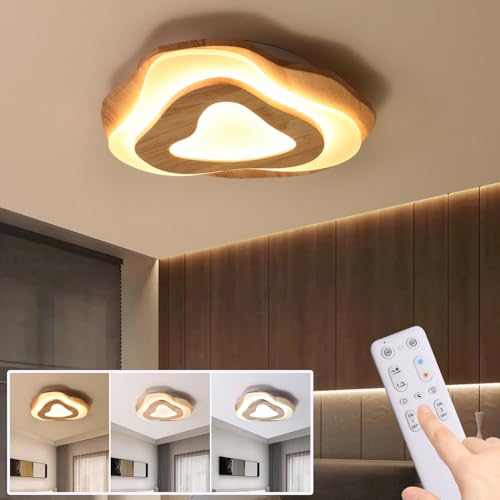 SENFAY LED Deckenleuchte Holz, Dimmbar Deckenlampe Mit Fernbedienung Schlafzimmerlampe Ø45cm 36W Unregelmäßiges Runde Holz Deckenlampe, Wohnzimmerlampe Mit Memory Funktion/Timing-Funktion,3000K-6000K von SENFAY