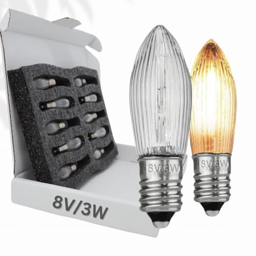 Berglicht 10x Glühbirne 'Berglämpl' E10 8V/3W Riffelkerze Spitzkerze Topkerze Glühlämpchen für Schwibbogen und Lichtbögen, Gelbglühend von BERGLäMPL