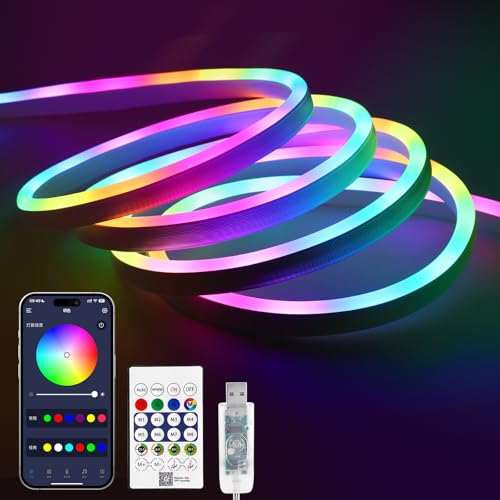 5m RGB IC Neon LED Streifen, Wasserdicht USB LED Strip mit App, Dynamische Farbe, Musik Sync, Adressierbare Silikon LED Band für Ambientbeleuchtung für Schlafzimmer, Fernseher, Spielzimmer von BERIXDEEP