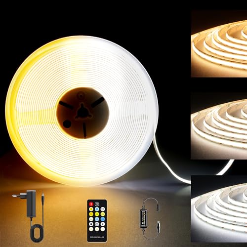 BERIXDEEP CCT COB LED Streifen, Tunable White LED Strip mit Fernbedienung und Netzteil, CRI 90+, DC24V, Dimmbar 2700K, 4000K bis 6500K Dual White für Raumdekoration, 3m von BERIXDEEP