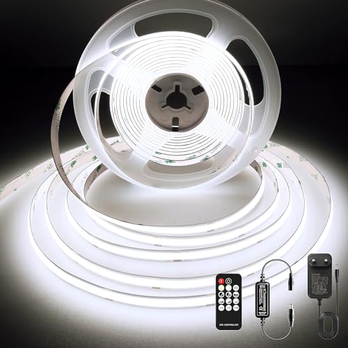 BERIXDEEP 3m COB LED Streifen 6000K, 24 LED Streifen Kaltweiß mit Fernbedienung, CRI 92+, 8mm Breite, Lichtband Selbstklebend für Schränke, Spiegel, Bett Dekoration von BERIXDEEP