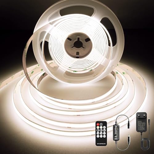 BERIXDEEP COB LED Streifen 24V, LED Streifen 3m Dimmbar mit Netzteil und Fernbedienung, CRI 90+, 8mm Breite, Hohe Dichte LED Strip Lights für Haus Dekoration, Naturweiß, 4000K von BERIXDEEP