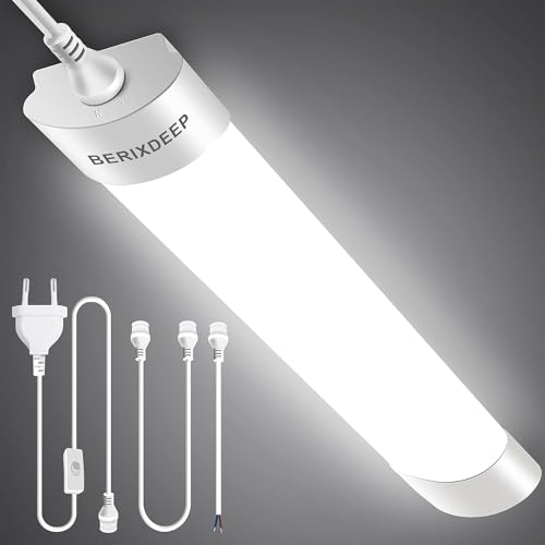 BERIXDEEP LED Feuchtraumleuchte 60cm mit CCT Abstimmbar, 3000K-6500K IP65 Röhre Lampe mit Kabel und Stecker für Garage, Werkstatt, Keller, Werkbank, Wasserdichte Deckenleuchte für Außenbereich, 18W von BERIXDEEP