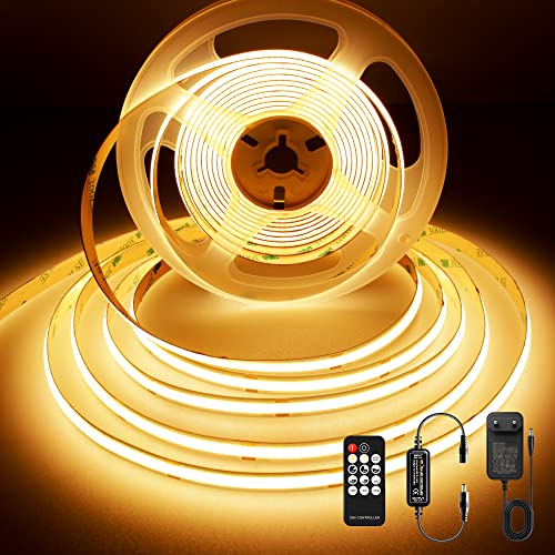 BERIXDEEP COB LED Streifen 5M Warmweiß, LED Strip Dimmbar 24V mit Netzteil und Fernbedienung, 2700K, CRI 92+, 8mm, LED Band für Schlafzimmer, Wohnzimmer, Unterbau, TV, Küche, DIY von BERIXDEEP