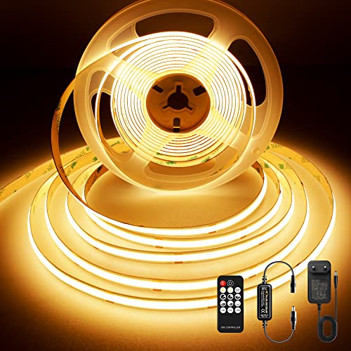 BERIXDEEP 480 LEDs/m COB LED Streifen 5m Warmweiß mit Netzteil und Fernbedienung, 24V, CRI 92+, 8mm, 2700K LED Strip Dimmbar für Indirekte beleuchtung und Hintergrund an Schlazimmer, Wohnwand, TV von BERIXDEEP