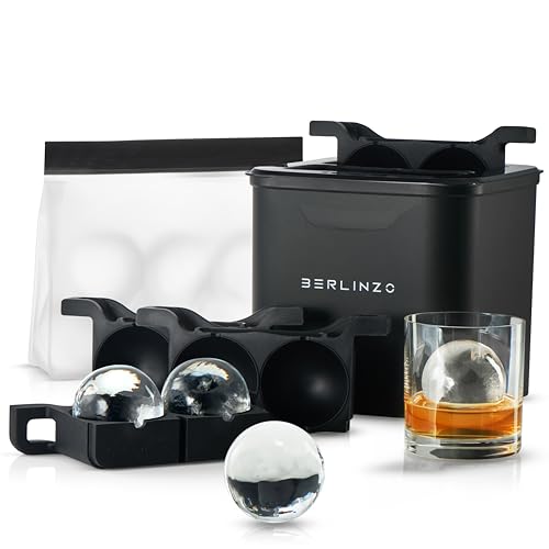 Berlinzo Premium Clear Ice Ball Maker [2024 Upgraded] – 4 große, kristallklare Eiskugeln für Whiskey Cocktail, leicht zu entfernende Eiskugelform, Aufbewahrungsbeutel und Eispress-Stempelring im von BERLINZO