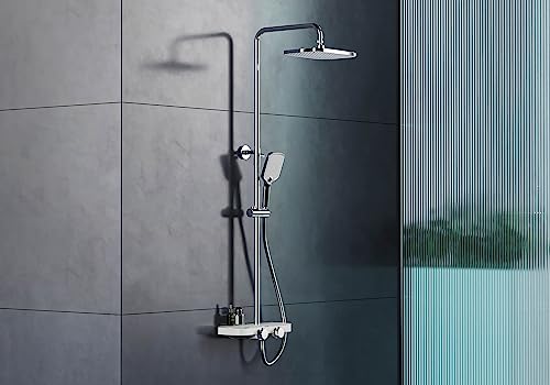 BERNSTEIN® Duschsystem mit Thermostat BS371 Chrom/Weiß Regendusche, Kopfbrause und Handbrause in eckigem Design, Duschsystem, Duschbrause mit Anti-Kalk-Düsen, Höhenverstellbare Duschstange von BERNSTEIN