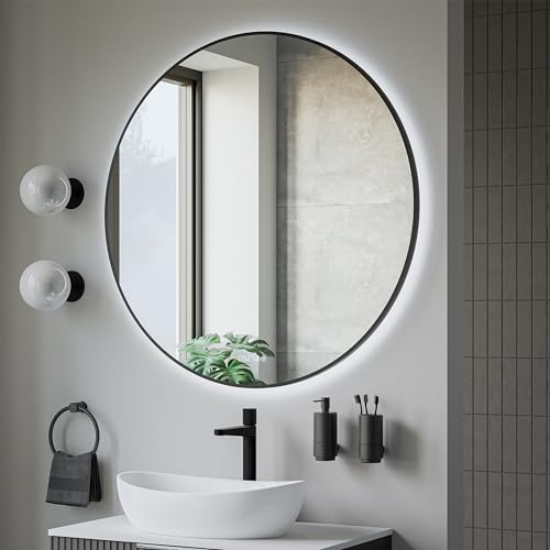 BERNSTEIN® LED Badezimmerspiegel 8232 2.0 rund Leichtmetallrahmen in Schwarz Wandmontage, Warm-/Kaltlichteinstellung Wandspiegel mit Digitaluhr und Spiegelheizung, Spiegel mit Aluminiumrahmen Ø 100cm von BERNSTEIN