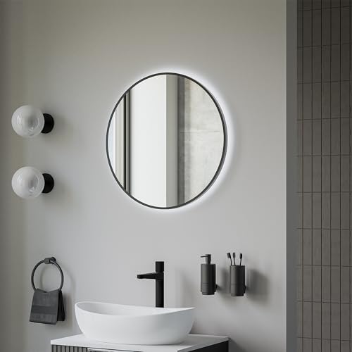 BERNSTEIN® LED Badezimmerspiegel 8232 2.0 rund mit Leichtmetallrahmen in Schwarz Wandmontage, Warm-/Kaltlichteinstellung Wandspiegel mit Licht LED-Badspiegel Bad, Spiegel mit Aluminiumrahmen Ø 60cm von BERNSTEIN