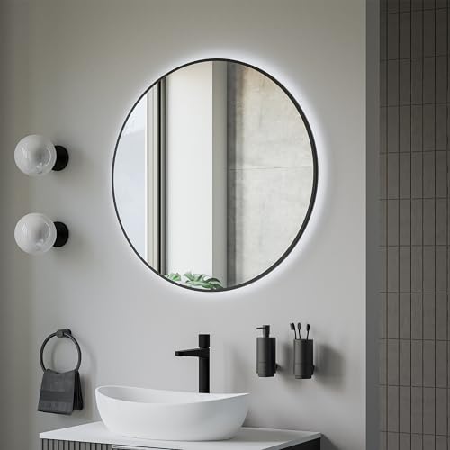 BERNSTEIN® LED Badezimmerspiegel 8232 2.0 rund mit Leichtmetallrahmen in Schwarz Wandmontage, Warm-/Kaltlichteinstellung Wandspiegel mit Licht LED-Badspiegel Bad, Spiegel mit Aluminiumrahmen Ø 80cm von BERNSTEIN