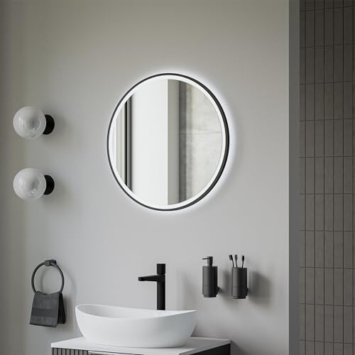 BERNSTEIN® LED Badezimmerspiegel 8232 2.0 rund mit Leichtmetallrahmen in Schwarz Wandmontage, Warm-/Kaltlichteinstellung Wandspiegel mit Sandbestrahltem Rand, Spiegel mit Aluminiumrahmen Ø 60cm von BERNSTEIN