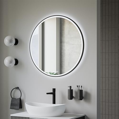 BERNSTEIN® LED Badspiegel 8232 2.0 rund Leichtmetallrahmen in Schwarz Wandmontage, Warm-/Kaltlichteinstellung Badspiegel mit Sandbestrahltem Rand, Digitaluhr und Spiegelheizung Aluminiumrahmen Ø 80cm von BERNSTEIN