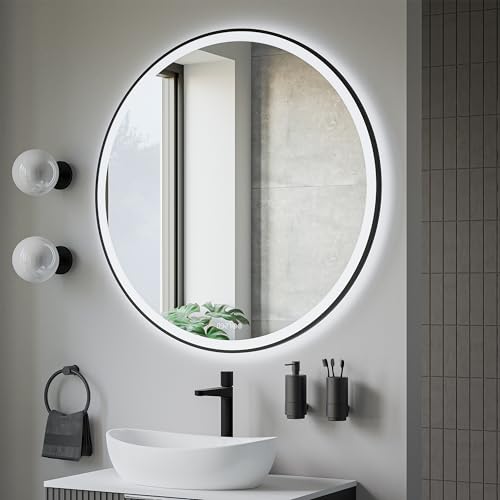 BERNSTEIN® LED Badspiegel 8232 2.0 rund Leichtmetallrahmen in Schwarz Wandmontage, Warm-/Kaltlichteinstellung Badspiegel mit Sandbestrahltem Rand Digitaluhr und Spiegelheizung Aluminiumrahmen Ø 100cm von BERNSTEIN