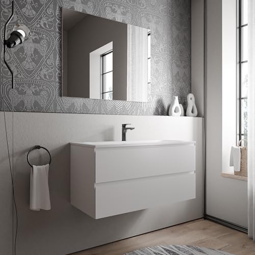 BERNSTEIN Badmöbel-Set Ava 100cm bestehend aus Mineralguss-Waschbecken mit Unterschrank in Weiß matt, Waschtisch BRUXELLES - Weiß matt mit Hahnloch, Ideal für mittelgroße Bäder und Badezimmer von BERNSTEIN