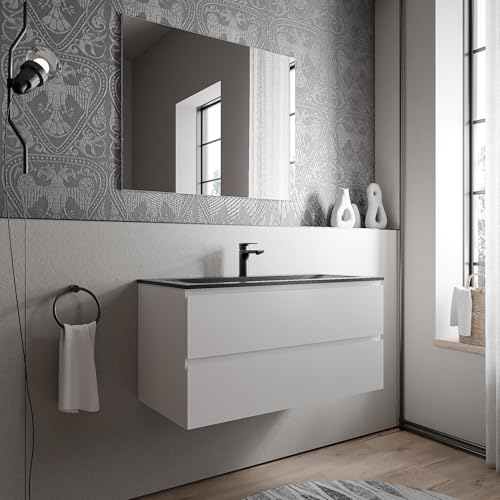 BERNSTEIN Badmöbel-Set Ava 100cm bestehend aus Mineralguss-Waschbecken mit Unterschrank in Weiß matt, Waschtisch CREAM - Schwarz matt mit Hahnloch, Ideal für mittelgroße Bäder und Badezimmer von BERNSTEIN