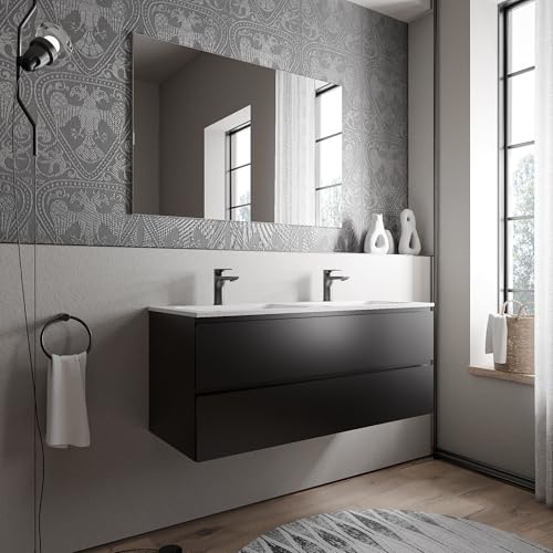 BERNSTEIN Badmöbel-Set Ava 120cm bestehend aus Mineralguss-Doppel-Waschbecken mit Unterschrank in Schwarz matt, Waschtisch BRUXELLES - Weiß matt mit Hahnloch, Ideal für große Bäder von BERNSTEIN