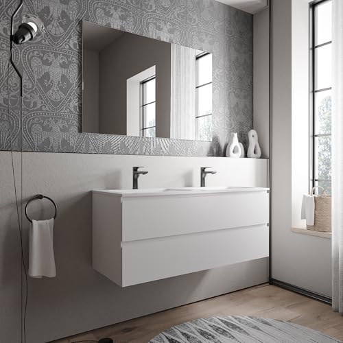 BERNSTEIN Badmöbel-Set Ava 120cm bestehend aus Mineralguss-Doppel-Waschbecken mit Unterschrank in Weiß matt, Waschtisch CREAM - Weiß matt mit Hahnloch, Ideal für große Bäder von BERNSTEIN