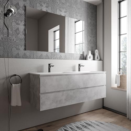 BERNSTEIN Badmöbel-Set Ava 140cm bestehend aus Mineralguss-Doppel-Waschbecken mit Unterschrank in Beton, Waschtisch BRUXELLES - Weiß matt mit Hahnloch, Ideal für große Bäder von BERNSTEIN