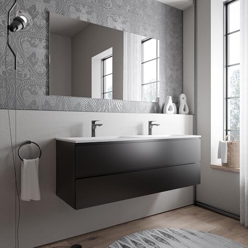 BERNSTEIN Badmöbel-Set Ava 140cm bestehend aus Mineralguss-Doppel-Waschbecken mit Unterschrank in Schwarz matt, Waschtisch BRUXELLES - Weiß matt mit Hahnloch, Ideal für große Bäder BERNSTEIN Badmöbel-Set Ava 140cm bestehend aus Mineralguss-Doppel-Waschbecken mit Unterschrank in Schwarz matt, Waschtisch BRUXELLES - Weiß matt mit Hahnloch, Ideal für große Bäder von BERNSTEIN