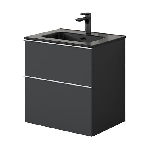 BERNSTEIN Badmöbel-Set Lavoa 60 cm bestehend aus Waschbecken und Unterschrank mit 2 Schubladen, Waschbeckenunterschrank in Anthrazit, Griffe in Chrom - 5 Jahre Garantie - Waschtisch in Schwarz matt von BERNSTEIN