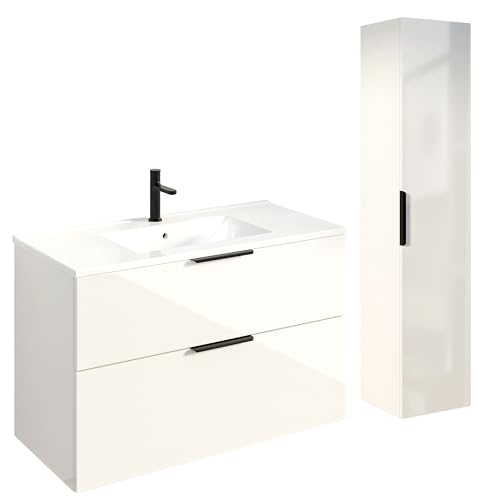 BERNSTEIN Badmöbel-Set Tim 100cm Waschbeckenunterschrank mit Waschtisch und Seitenschrank, Unterschrank in Weiss glänzend, Griffe in Schwarz,Keramik-Waschbecken vormontierter Unterschrank von BERNSTEIN