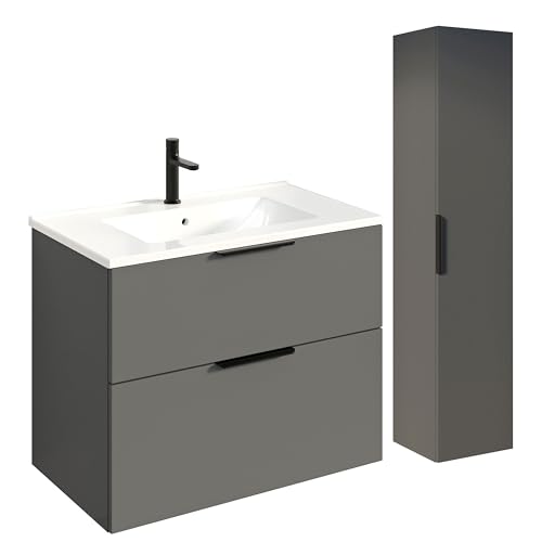 BERNSTEIN Badmöbel-Set Tim 80cm Waschbeckenunterschrank mit Waschtisch und Seitenschrank, Unterschrank in Anthrazit matt, Griffe in Schwarz,Keramik-Waschbecken vormontierter Unterschrank BERNSTEIN Badmöbel-Set Tim 80cm Waschbeckenunterschrank mit Waschtisch und Seitenschrank, Unterschrank in Anthrazit matt, Griffe in Schwarz,Keramik-Waschbecken vormontierter Unterschrank von BERNSTEIN