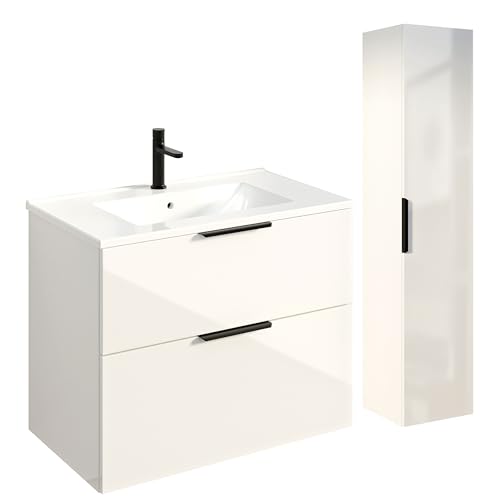 BERNSTEIN Badmöbel-Set Tim 80cm Waschbeckenunterschrank mit Waschtisch und Seitenschrank, Unterschrank in Weiss glänzend, Griffe in Schwarz,Keramik-Waschbecken vormontierter Unterschrank BERNSTEIN Badmöbel-Set Tim 80cm Waschbeckenunterschrank mit Waschtisch und Seitenschrank, Unterschrank in Weiss glänzend, Griffe in Schwarz,Keramik-Waschbecken vormontierter Unterschrank von BERNSTEIN