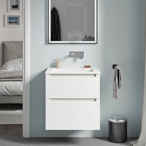 BERNSTEIN Badmöbel-Set Vireo, Waschtisch-Unterschrank mit Mineralguss-Waschbecken 60cm in Weiß matt - BRUXELLES - Weiß matt ohne Hahnloch - 2 Schubladen, Badmöbel, 5 Jahre Garantie von BERNSTEIN