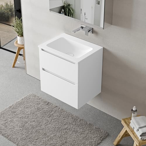 BERNSTEIN Badmöbel-Set Vireo, Waschtisch-Unterschrank mit Mineralguss-Waschbecken 60cm in Weiß matt - CREAM - Weiß matt ohne Hahnloch - 2 Schubladen, Badmöbel, 5 Jahre Garantie von BERNSTEIN