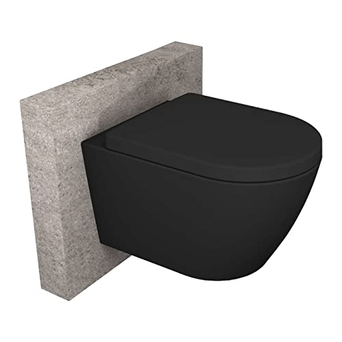 BERNSTEIN Design Wand WC schwarz spülrandlos Hänge WC Set Toilette abnehmbareren Deckel WC sitz mit Absenkautomatik Hängetoilette WC ohne Spülrand B8030R Tiefspül-WC D-Form WC randlos Softclose-Sitz von BERNSTEIN