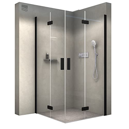 BERNSTEIN Duschkabine 90x100 Breite Falttür Rahmenlose Eckdusche NT213 Eckeinstieg Hebe-Senk Duschabtrennung 8 mm ESG Nano Echtglasdusche mit Schwarz matt Profil, Dusche Rechts x Links: 90x100 Breite von BERNSTEIN