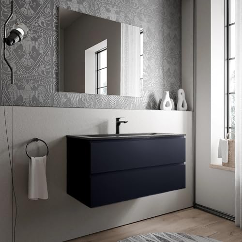 BERNSTEIN - Hängeschrank für Badezimmer, MDF, dunkelblau, matt, Waschbecken aus Mineralguss, mattschwarz, mit Hahnloch – 100 x 46 x 50 cm – AVA Cream von BERNSTEIN