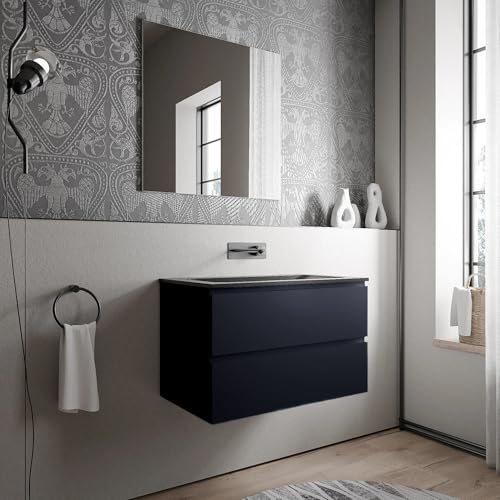 BERNSTEIN - Hängeschrank für Badezimmer, MDF, dunkelblau, matt, Waschbecken aus Mineralguss, schwarz, matt, ohne Hahnloch – 80 x 46 x 50 cm – AVA Cream von BERNSTEIN