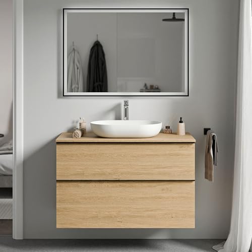 BERNSTEIN Waschbecken-Unterschrank Lavoa 80cm in Eiche - Waschtischplatte: Eiche - Schrank mit 2 Schubladen, Griff in Schwarz Soft-Close Hettich Metallauszüge, 5 Jahre Garantie von BERNSTEIN