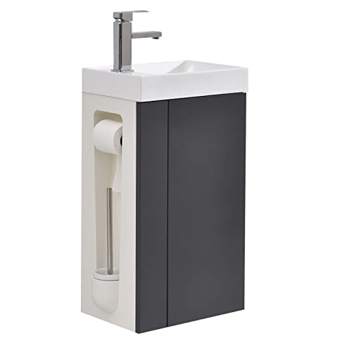 BERNSTEIN Waschbecken mit Unterschrank Badmöbel Set Compact 400 Anthrazit - Toilettenbürste links - Gäste WC Unterschrank mit Toilettenpapierhalter und Klobürste Ohne Ablaufgarnitur von BERNSTEIN