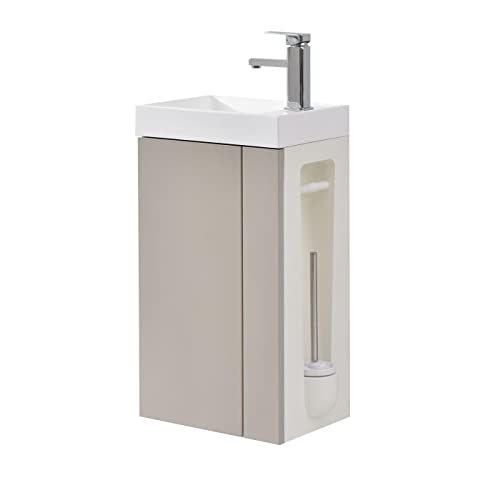 BERNSTEIN Waschbecken mit Unterschrank Badmöbel Set Compact 400 Taupe hell matt Ideal für kleine Bäder und Gäste WC mit Toilettenpapierhalter und Klobürste Ohne Ablaufgarnitur von BERNSTEIN