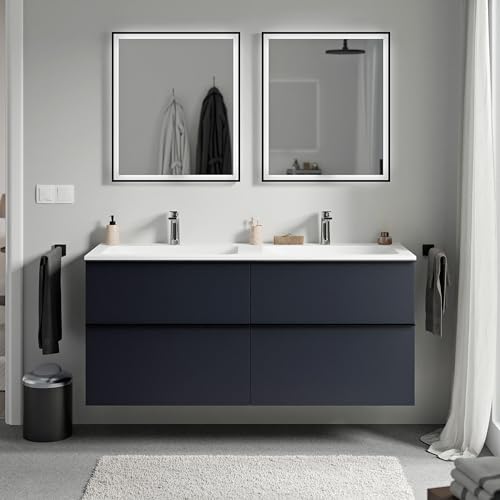 BERNSTEIN - Waschbeckenunterschrank für Badezimmer, MDF, Nachtblau, matt, Waschbecken aus Mineralguss, mattweiß + Hahnloch, Griff aus Metall, Chrom – 120 x 46 x 62 cm – LAVOA BERNSTEIN - Waschbeckenunterschrank für Badezimmer, MDF, Nachtblau, matt, Waschbecken aus Mineralguss, mattweiß + Hahnloch, Griff aus Metall, Chrom – 120 x 46 x 62 cm – LAVOA von BERNSTEIN