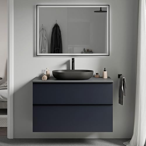 BERNSTEIN - Waschbeckenunterschrank zum Aufhängen, MDF, Nachtblau, matt, Waschtisch, Anthrazit, matt, Metallgriff, Chrom, 80 x 46 x 62 cm – LAVOA von BERNSTEIN