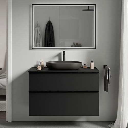 BERNSTEIN - Waschbeckenunterschrank zum Aufhängen, für Badezimmer, MDF, schwarz, matt, Waschtisch & Metallgriff, mattschwarz – 80 x 46 x 62 cm – LAVOA von BERNSTEIN